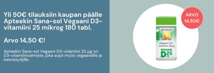 Yli 50e tilauksiin kaupan päälle Apteekin Sana-sol Vegaani D3-vitamiini!